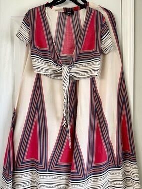 Women’s Two Piece Cream and Pink Geometric Tie-Front Top With Maxi Skirt